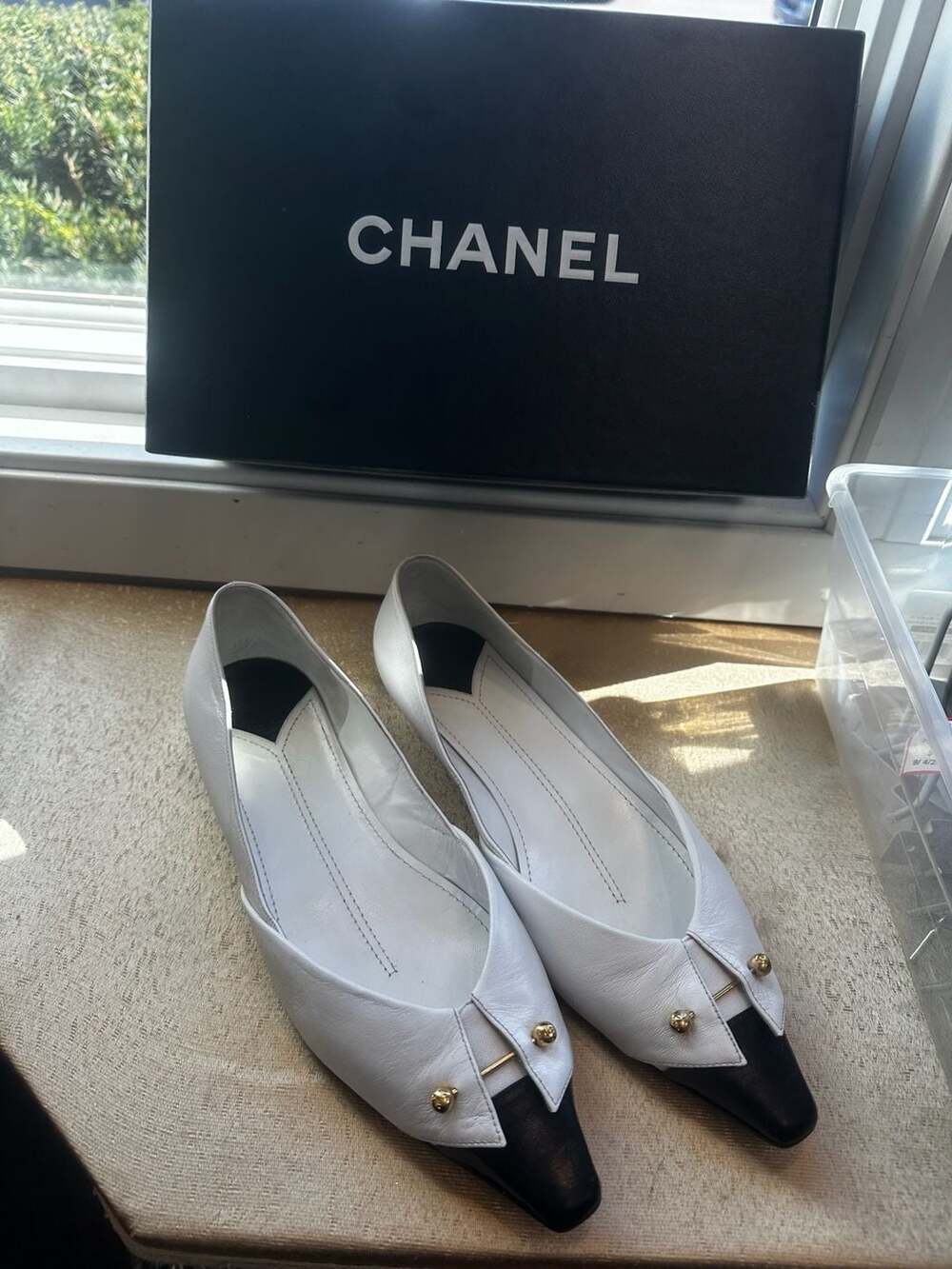 Chanel White & Black Leather Tuxedo Collar Gold Barbell Flats